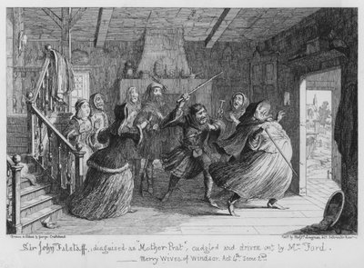 Sir John Falstaff, travestito da Madre Prat, bastonato e cacciato da Mr Ford da George Cruikshank